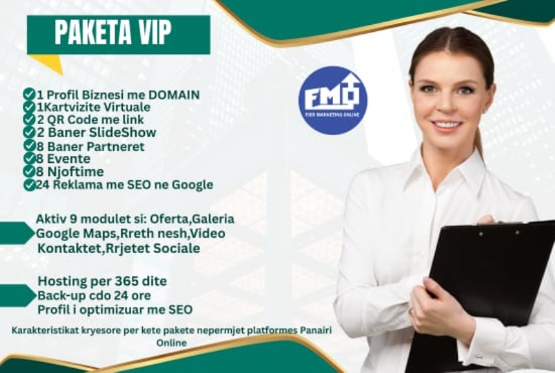 Paketa VIP me 24 reklama dhe Profil biznesi me domain në platformën Panairi Online me SEO ne Google, Dyqan per shitje online, rrit biznesin me paniri online për marketing lokal, panairi për agjenci marketingu, reklama për biznese